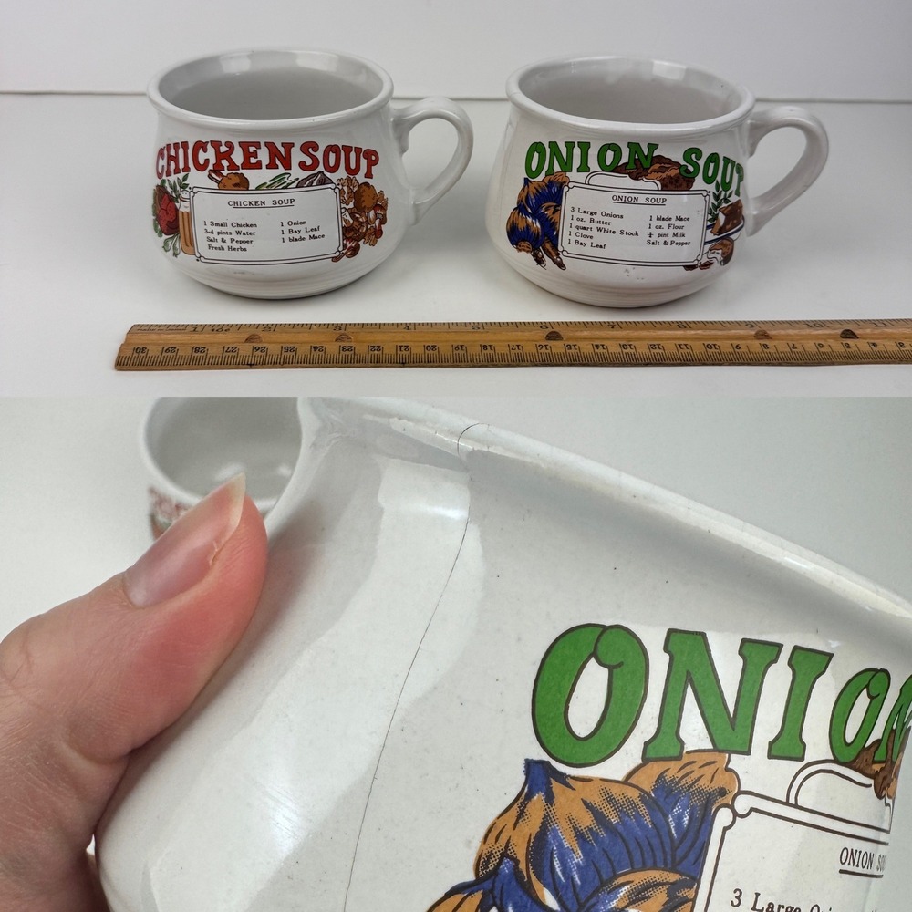 Vtg Damaged Repurpose Onion Chicken Soup Mugs Bowls w Handle Ceramic White‎ READ